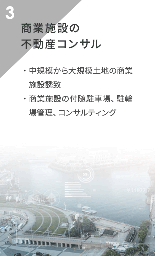 商業施設の不動産コンサル 中規模から大規模土地の商業施設誘致、テナント誘致、収益向上提案
                商業施設の付随駐車場、駐輪場管理、コンサルティング